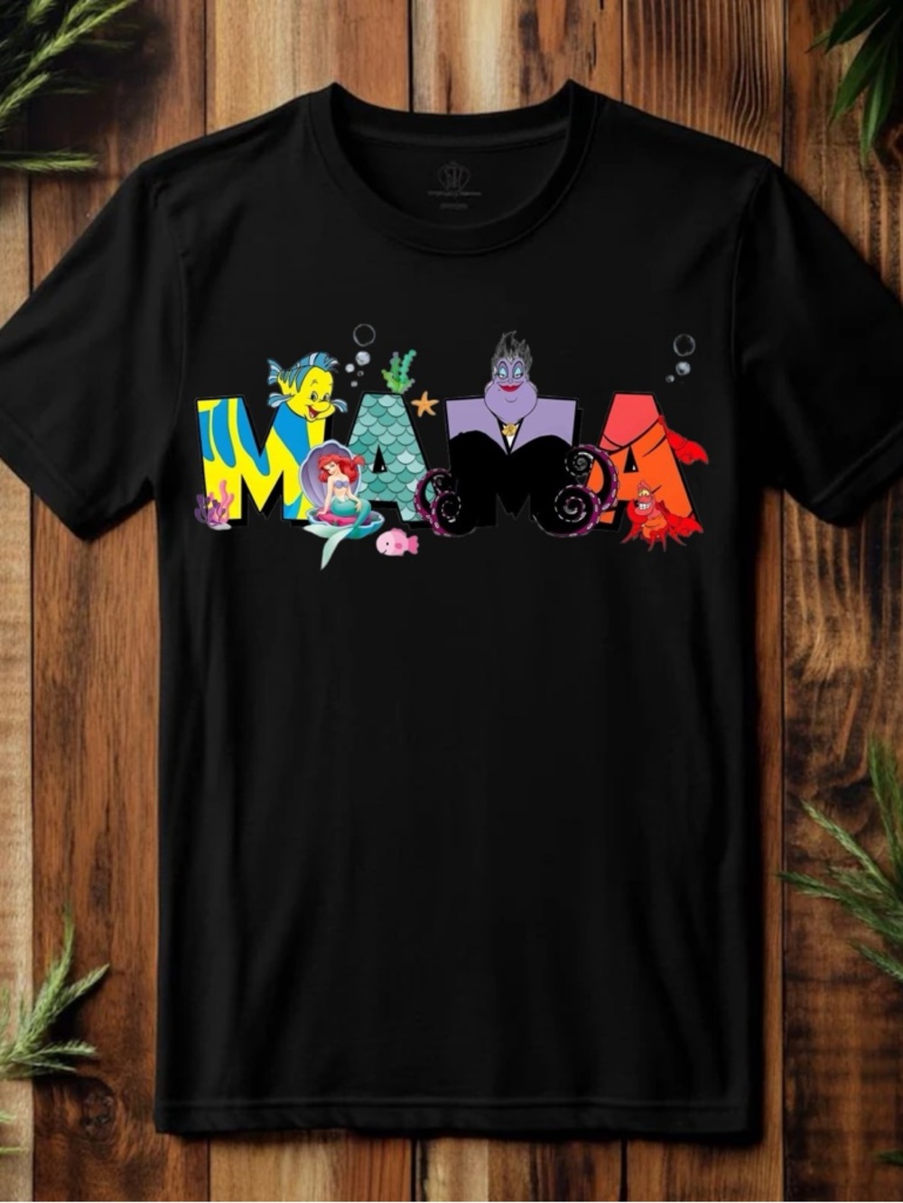 Black 'Mama' Graphic Tee with Colorful Sea Character Design